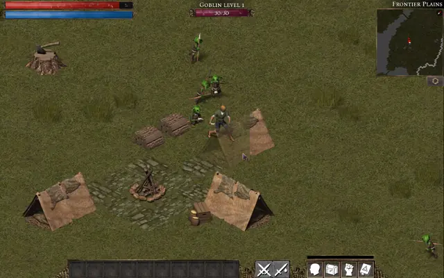 Flare: the hero fights goblins in their camp on the Frontier Plains