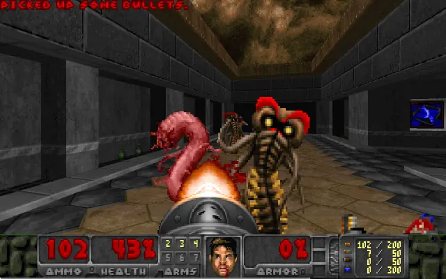 Freedoom Phase 2: the player fires the minigun at a worm creature and a horned monster in a grey hall