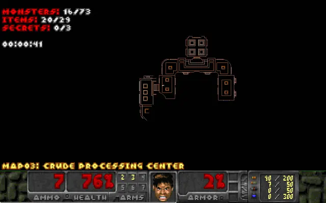 Freedoom automap of a Phase 2 level with kills, items, secrets and level time
