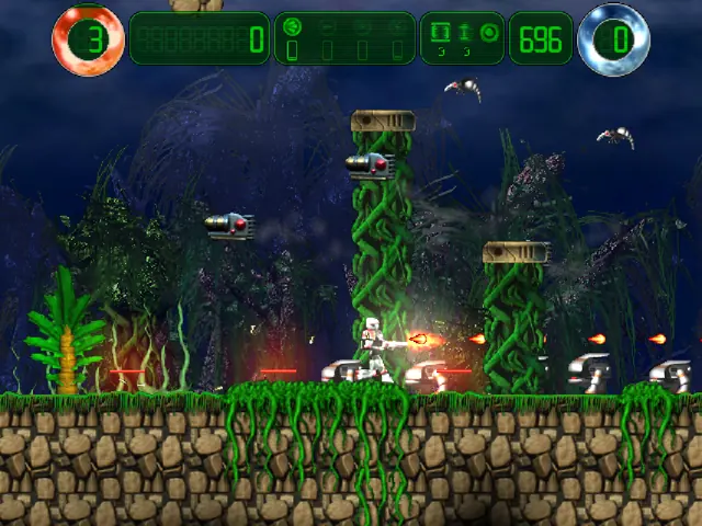 Hurrican firefight against gun turrets in the jungle level