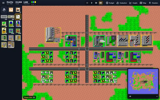 Micropolis neue Stadt mit Kraftwerk, Straßen, Stromleitungen und wachsenden Zonen