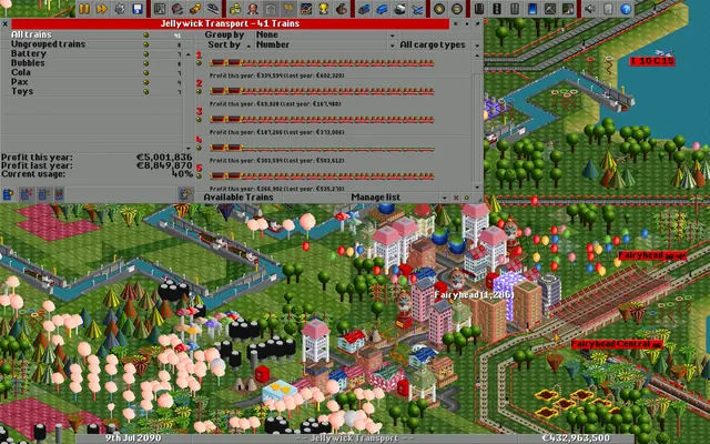 OpenTTD Zugliste eines Unternehmens mit dem Gewinn jedes Zuges