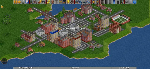 OpenTTD auf dem Handy im Querformat: Stadt am Meer mit vergrößerter Touch-Oberfläche