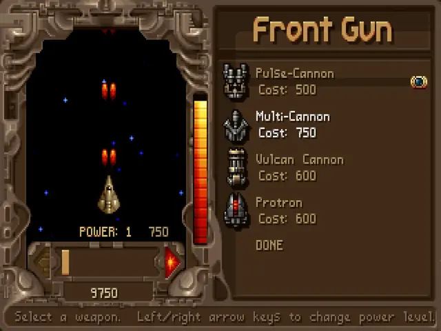 Tyrian: choosing a new front gun in the ship shop
