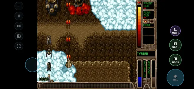 Tyrian on a phone: drag anywhere to fly, buttons beside the picture