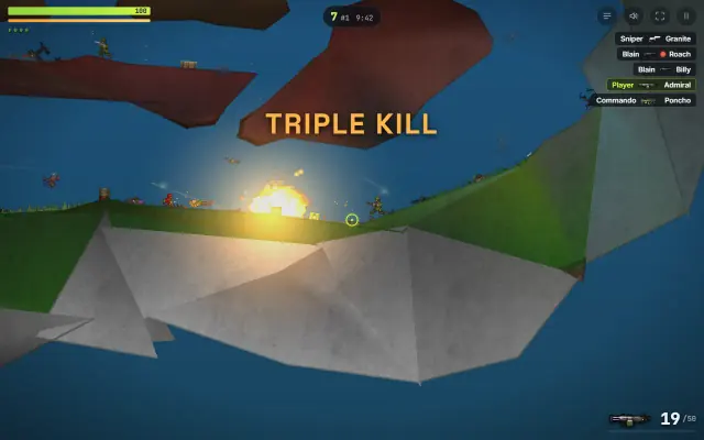 Jetstorm firefight on Arena2: grenade explosions and muzzle flashes between floating islands