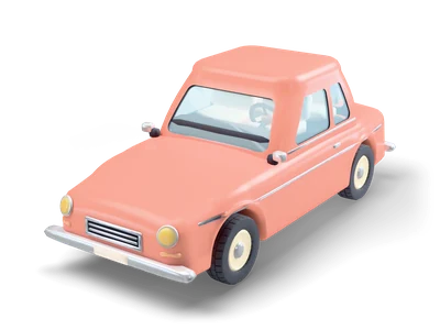 Small rounded coral 1960s car with a tall roof, round headlights, a small oval chrome grille and cream wheels