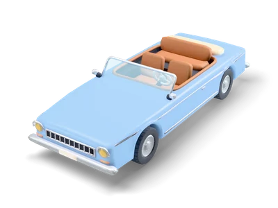 Long sky blue 1960s convertible with brown leather seats, a folded cream top, a chrome framed windshield and chrome bumpers