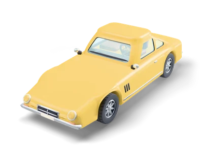 Low mustard yellow 1960s fastback sports car with a long hood, side vents, round headlights and chrome spoke wheels