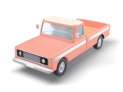 Coral 1970s pickup truck with a cream roof, chrome grille, round headlights and a wooden bed