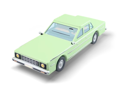 Long sage green 1970s sedan with a wide chrome grille, round headlights and chrome bumpers