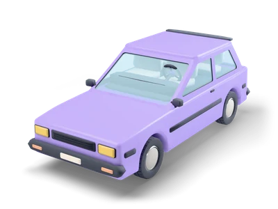Boxy lavender 1980s hatchback with rectangular headlights, black bumpers and a black roof spoiler