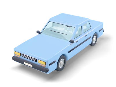 Boxy sky blue 1980s four door sedan with flat rectangular headlights and black bumpers