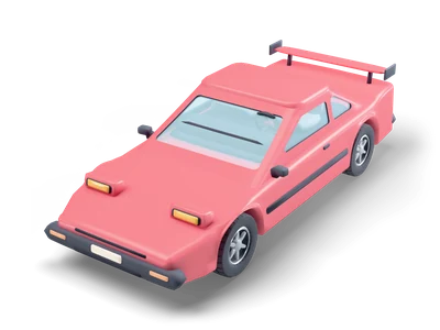 Low red wedge sports car with raised pop-up headlights, black bumpers and a rear wing
