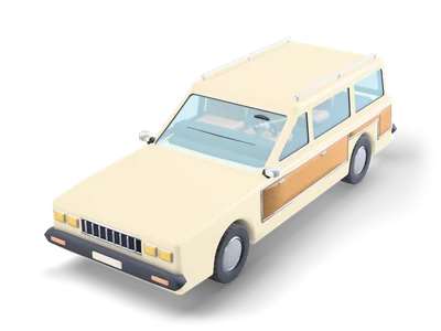 Cream 1980s station wagon with wood grain side panels, chrome roof rails and black bumpers