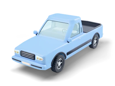 Sky blue 1990s pickup truck with an open dark lined cargo bed, chrome rear bumper and grey arch flares