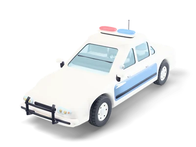 White 1990s police car with sky blue doors, a blue and red roof light bar and a black push bar