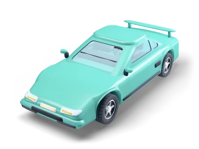 Low petrol teal 1990s sports coupe with a rear wing, slim clear headlights and five spoke wheels