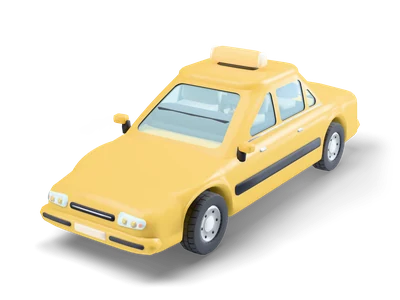 Mustard yellow 1990s taxi sedan with a glowing roof sign, grey door cladding and silver wheel covers