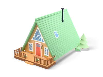 Triangular A-frame cabin with green shingle roof reaching the ground, large glazed gable, coral door and wooden deck