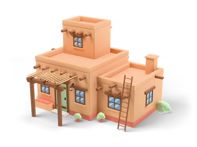 Rounded clay adobe house with stepped flat roofs, protruding round beams, wooden porch, sage door and ladder