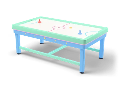 Sky blue air hockey table with mint rails, a white playfield with pink center circle, red and blue mallets and a yellow puck