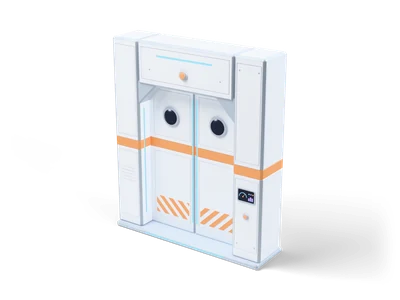White sci-fi airlock frame with two closed sliding doors, round dark portholes, an orange band and diagonal orange stripes