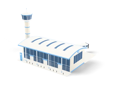Terminal de aeropuerto compacta con fachada de vidrio y cubierta blanca curva, torre de control acristalada y pasarela de embarque