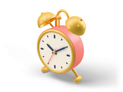 Coral twin bell alarm clock with gold bells, a cream dial with tick marks and dark hands at ten past ten