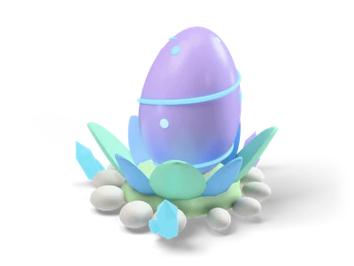 Lavender egg with a glowing cyan spiral sitting in a cup of mint and blue leaves surrounded by grey pebbles and small crystals
