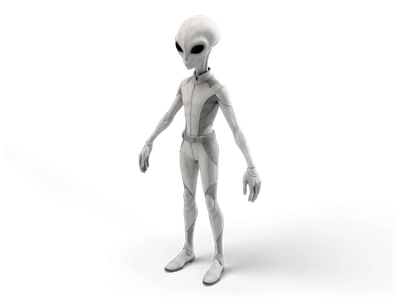 Grey-Alien als 3D-Modell mit großem kahlem Kopf, großen schwarzen Mandelaugen, schlankem grauem Körper im silbergrauen Anzug und vierfingrigen Händen, stehend in A-Pose