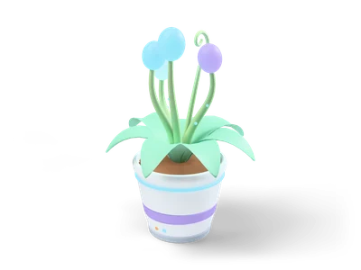 Mint green plant in a white pot with curved stems ending in glowing cyan, lilac and white bulbs and one curled spiral stem