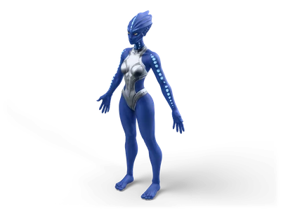 Blue-skinned humanoid alien with a head crest, silver bodysuit and dotted markings, standing in A-pose