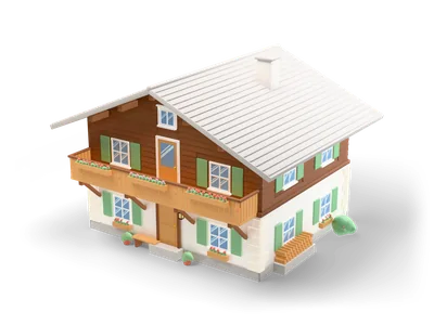 Two-storey alpine chalet with white ground floor, dark wooden upper floor, flower balcony with hearts and green shutters
