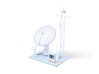 Grey platform with a large white satellite dish, a small dish, a tall white lattice mast and a white cabinet with a radar screen