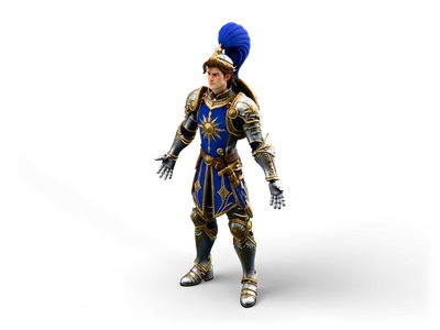 Knight in silver and gold plate armor with a blue sun tabard, blue plume and sword at the hip, in A-pose