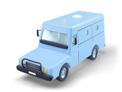 Light blue armored cash truck with a boxy body, small square windows, a black push bar and an amber roof light