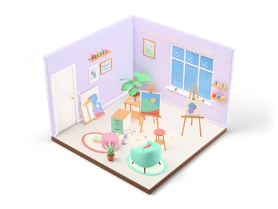 Isometric art studio with easel and abstract painting, paint splattered drop cloth, painter's table, leaning canvases and large window