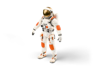 Astronaut im Raumanzug mit orangen Knie- und Ellbogenpolstern, goldenem Visier, Brust-Bedienfeld, Oberschenkeltaschen und Rucksack, stehend in A-Pose