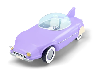 Lavender retro futuristic car with a clear glass bubble dome, a large centre tail fin and cream rear wheel skirts