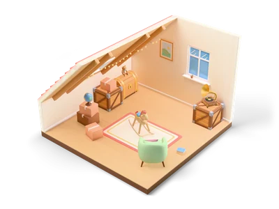Isometric attic room with sloped wooden roof, skylight, fairy lights, chests and boxes, gramophone and rocking horse