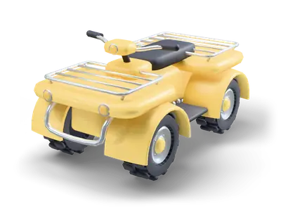 Yellow ATV quad with knobby black tires, chrome luggage racks front and rear and a dark seat