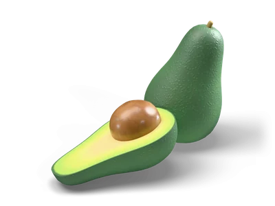 Stylized dark green avocado next to an avocado half with green flesh and a brown pit