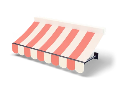 Coral and cream striped awning with a scalloped front edge, a white cassette and dark folding arms