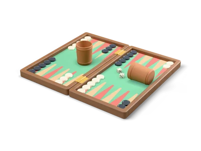 Maletín de backgammon marrón abierto con fieltro verde, triángulos rojos y beige, fichas claras y oscuras y dos cubiletes de cuero