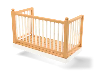 Small balcony with wooden decking, a honey wood railing with white balusters and curved sandstone brackets below