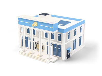 Banco moderno de piedra clara con columnas blancas, friso azul con pictograma de moneda y puerta redonda de cámara acorazada