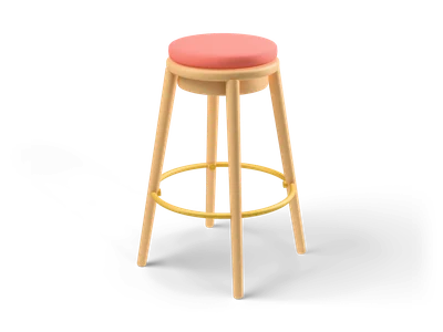Tall wooden bar stool with a round coral cushion, four splayed legs and a gold footrest ring