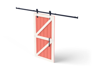Coral red plank barn door with a white Z brace hanging from rollers on a long black sliding track