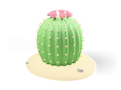 Round green barrel cactus with soft ribs, pale spine dots and a ring of pink flowers on top, on a cream sand mound